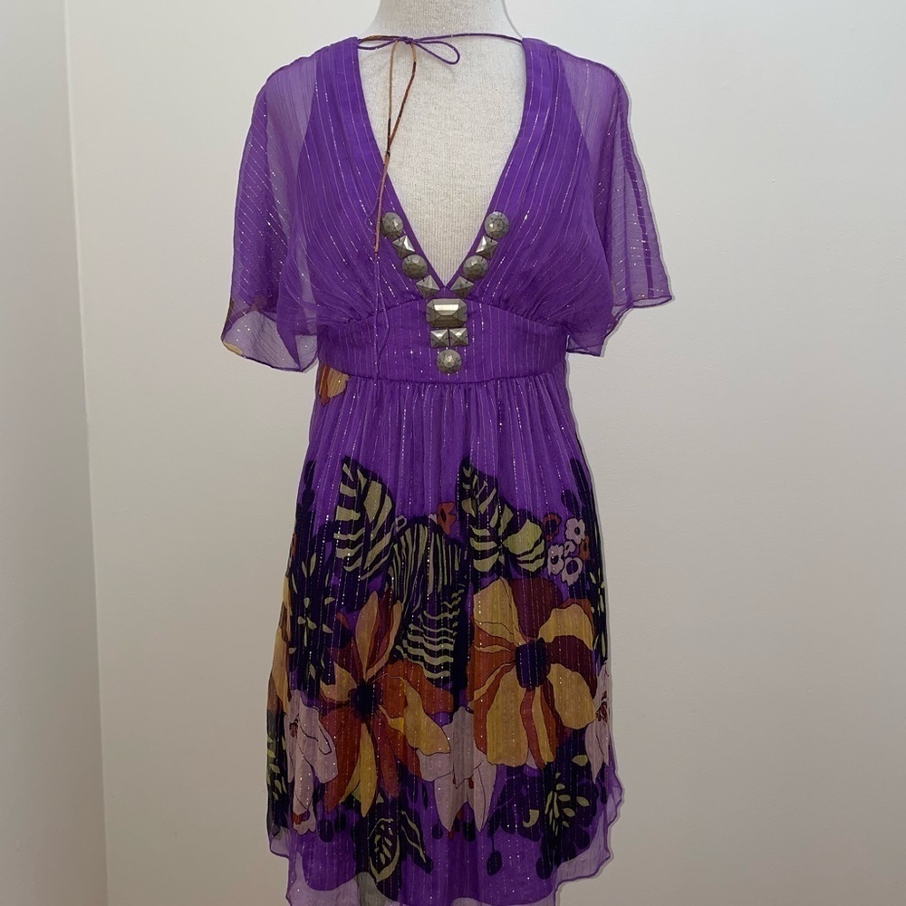 TIBI Silk Dress Sz 10 $495 Purple Floral Beads 100% Silk Metallic Empire Waist - Picture 2 of 14